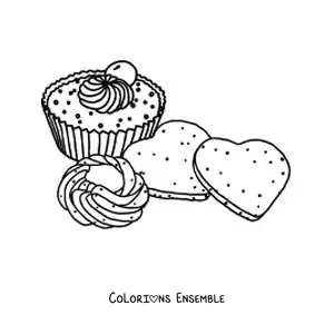 Image à colorier de deux biscuits en forme de cœur et d'un cupcake