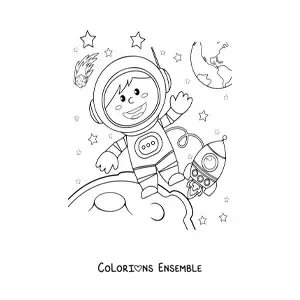 Coloriage d’un astronaute avec la Lune et les étoiles