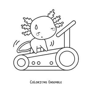 Coloriage d’un axolotl kawaii animé qui s’entraîne sur un tapis de course