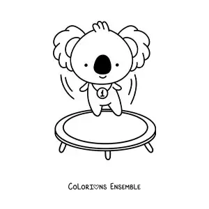 Coloriage d’un koala kawaii animé qui saute sur un trampoline