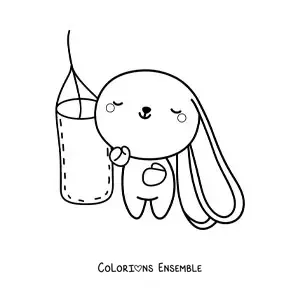 Coloriage d’un lapin kawaii animé qui frappe un sac de boxe
