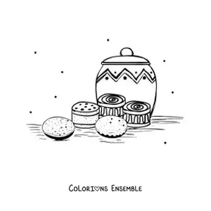 Image à colorier de biscuits et de friandises sur une table avec un bocal décoré en arrière-plan