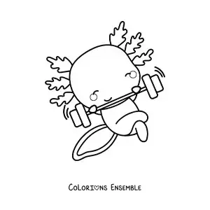Coloriage d’un axolotl kawaii animé qui s’entraîne avec un haltère
