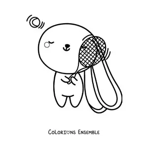 Coloriage d’un lapin kawaii animé qui joue au tennis