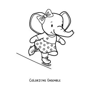 Coloriage d’un éléphant kawaii animé qui fait du patin à glace