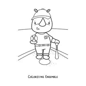 Coloriage d’un rhinocéros kawaii animé qui joue au baseball