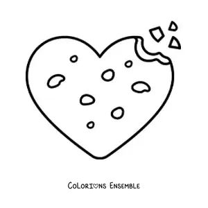Image à colorier d'un biscuit aux pépites de chocolat en forme de cœur croqué