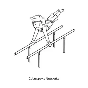 Image à colorier d'un petit gymnaste aux barres parallèles
