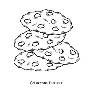 Image à colorier de quatre biscuits aux pépites de chocolat empilés les uns sur les autres