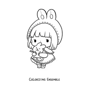 Image à colorier d'une poupée kawaii en robe de lapin