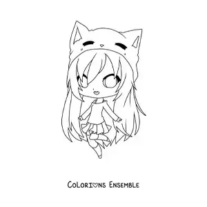 Image à colorier d'une fille kawaii style anime avec des oreilles de chat