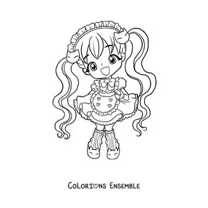 Image à colorier d'une fille fashion chibi en robe à chatons kawaii