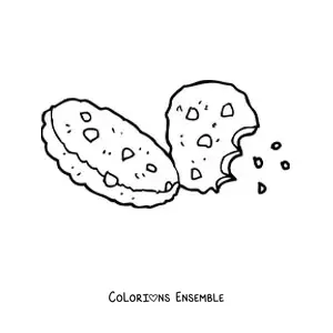 Image à colorier de deux biscuits aux pépites de chocolat dont un croqué