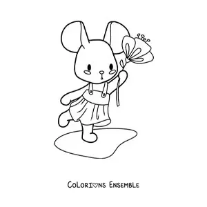 Image à colorier d'une petite souris kawaii animée en robe avec une fleur