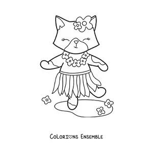 Image à colorier d'une petite chatte kawaii animée en jupe hawaïenne avec des fleurs