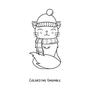 Image à colorier d'un chat kawaii animé en tenue d'hiver