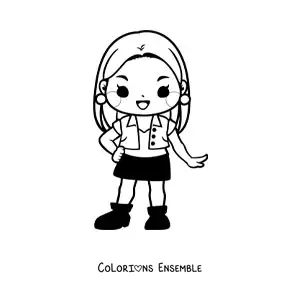 Image à colorier d'une petite fille kawaii animée en tenue décontractée