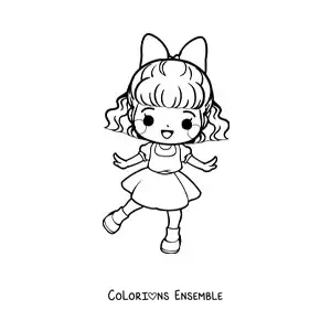 Image à colorier d'une petite fille kawaii animée avec un nœud et une robe élégante