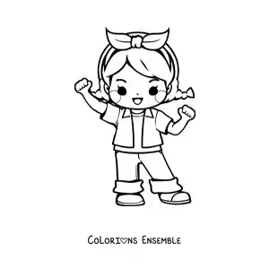 Image à colorier d'une petite fille kawaii animée avec un nœud et une tenue décontractée