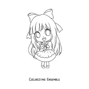 Image à colorier d'une fille kawaii chibi en belle robe avec un lapin