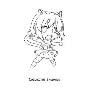 Image à colorier d'une fille kawaii chibi déguisée en chat
