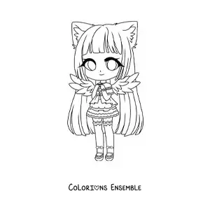 Image à colorier d'une fille fashion kawaii chibi déguisée en chat et en ange