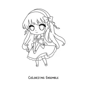 Image à colorier d'une fille fashion kawaii chibi en jolie robe longue