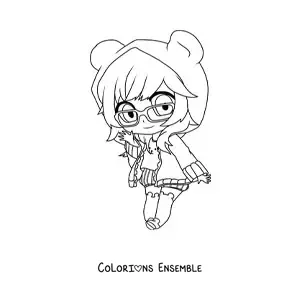Image à colorier d'une fille nerd fashion kawaii chibi avec des lunettes et un sweat