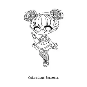 Image à colorier d'une fille nerd fashion kawaii chibi avec des lunettes et une jupe