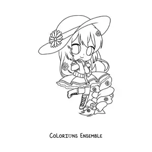 Image à colorier d'une fille fashion kawaii chibi avec un chapeau et une robe aesthetic