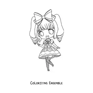 Image à colorier d'une fille fashion kawaii chibi en robe vintage