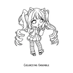 Image à colorier d'une fille fashion kawaii chibi en uniforme moderne avec des oreilles de chat