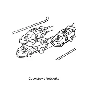 Image à colorier d’une course de voitures portant les numéros 21, 5 et 8