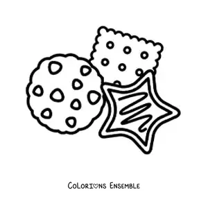 Image à colorier de biscuits en forme d'étoile, de biscuits aux pépites de chocolat et d'un biscuit carré
