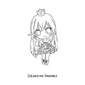 Image à colorier d'une fille fashion kawaii chibi avec une couronne et une jupe