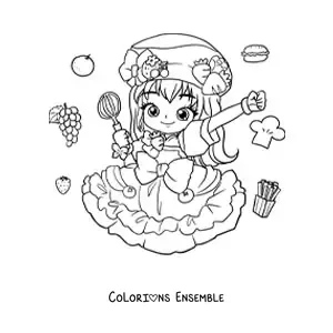 Image à colorier d'une fille fashion kawaii chibi pâtissière en tenue de bonbons
