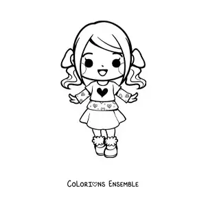 Image à colorier d'une petite fille kawaii animée avec une jupe et des couettes