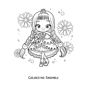 Image à colorier d'une fille fashion chibi en robe à chatons kawaii avec des fleurs