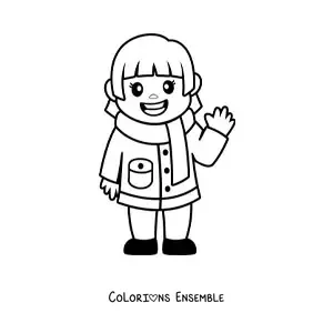 Image à colorier d'une petite fille kawaii en tenue d'hiver