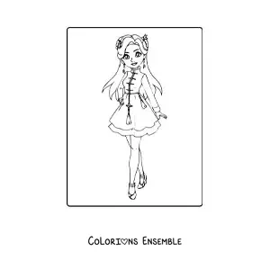 Image à colorier d'une fille animée en robe à la mode décontractée