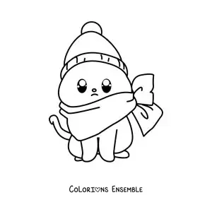 Image à colorier d'un chat kawaii avec un bonnet d'hiver