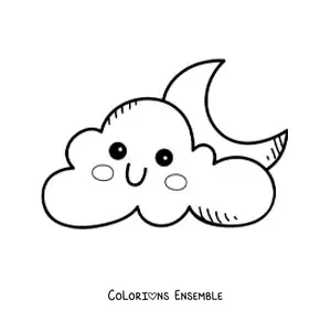 Image à colorier d'un nuage kawaii animé et de la Lune