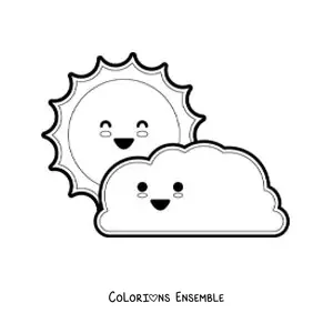 Image à colorier d'un nuage kawaii animé et du Soleil