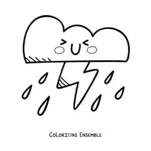 Image à colorier d'un nuage d'orage kawaii animé avec un éclair