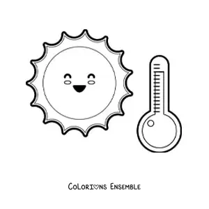 Image à colorier d'un Soleil kawaii animé par une journée chaude avec un thermomètre