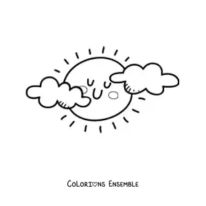 Image à colorier d'un Soleil kawaii animé par temps nuageux