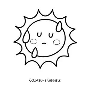 Image à colorier d'un Soleil chaud kawaii animé avec des gouttes de sueur