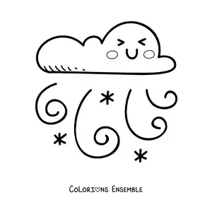 Image à colorier d'un nuage kawaii animé avec une rafale de vent