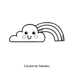 Image à colorier d'un nuage kawaii animé avec un arc-en-ciel