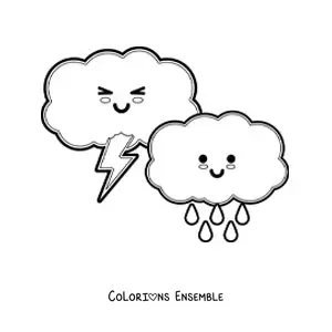 Image à colorier de nuages de pluie et d'orage kawaii animés